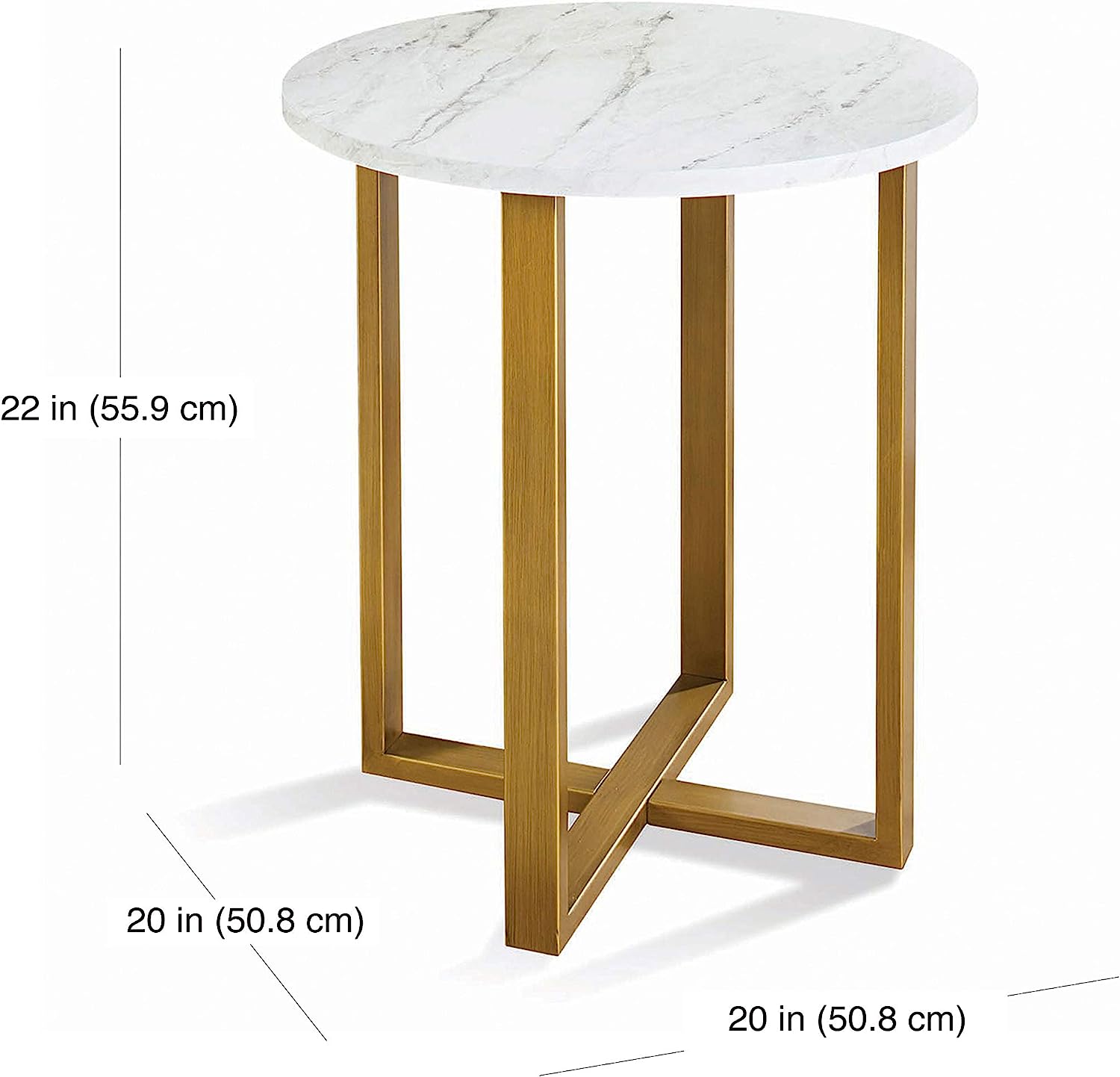 Marble top side table with gold frame shown with height and width measurements – MetalX