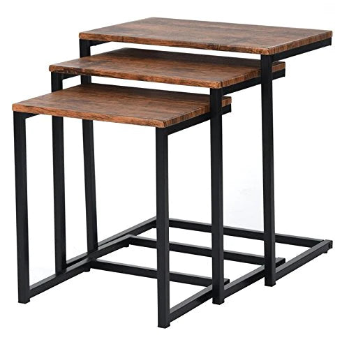 Set of three nesting coffee tables with walnut tops and metal frames, front view – MetalX