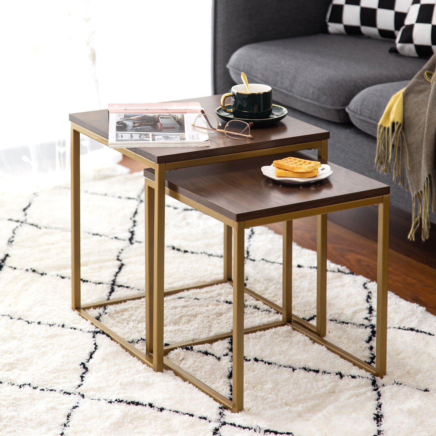 MetalX gold frame nesting tables with walnut tops – real-world room setup display