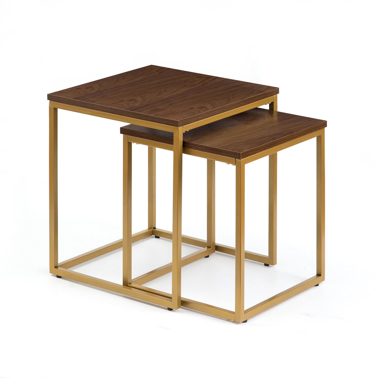MetalX gold and walnut nesting tables – front angle display on white background