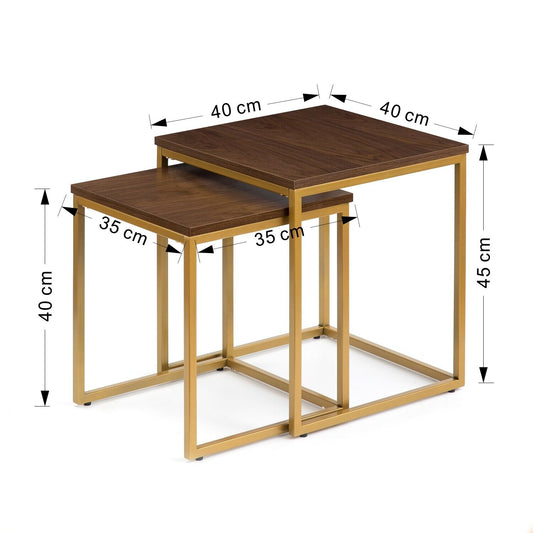MetalX Set of 2 Nesting Tables in gold with walnut top – size dimensions on white background