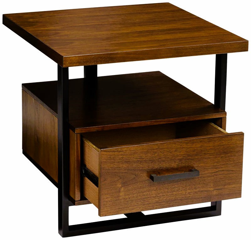Front view of one drawer side table with black frame and walnut top on white background – MetalX