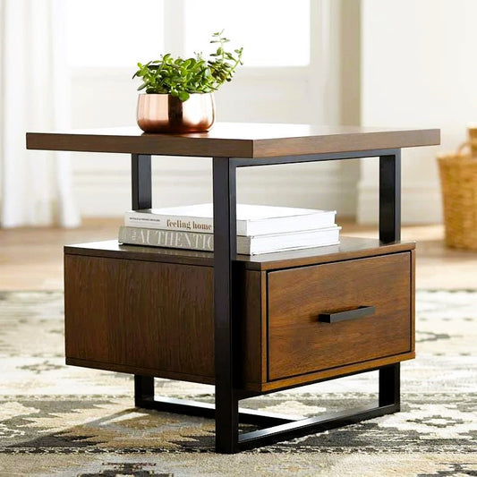 Modern side table with one drawer and walnut finish placed next to a bed or sofa – MetalX