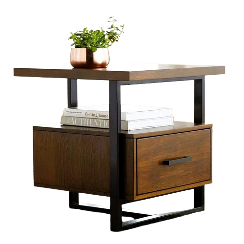 Side angle of modern side table showing C-frame and drawer design – MetalX