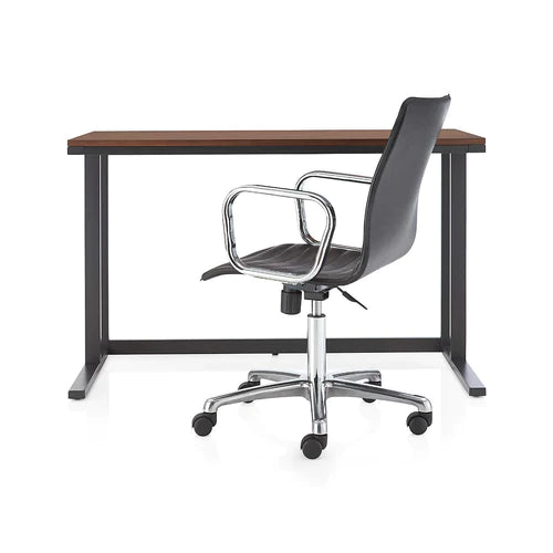 Pilsen office table with walnut top and matching chair shown together on white background – MetalX