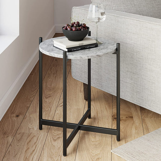MetalX Roland round modern accent table in living room setup
