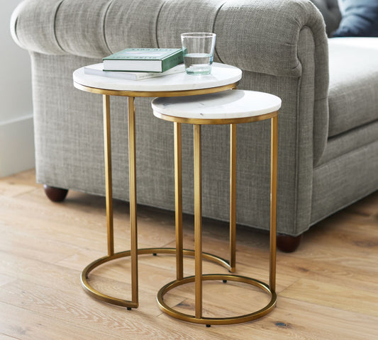 MetalX round marble texture nesting tables with gold frame – front display view