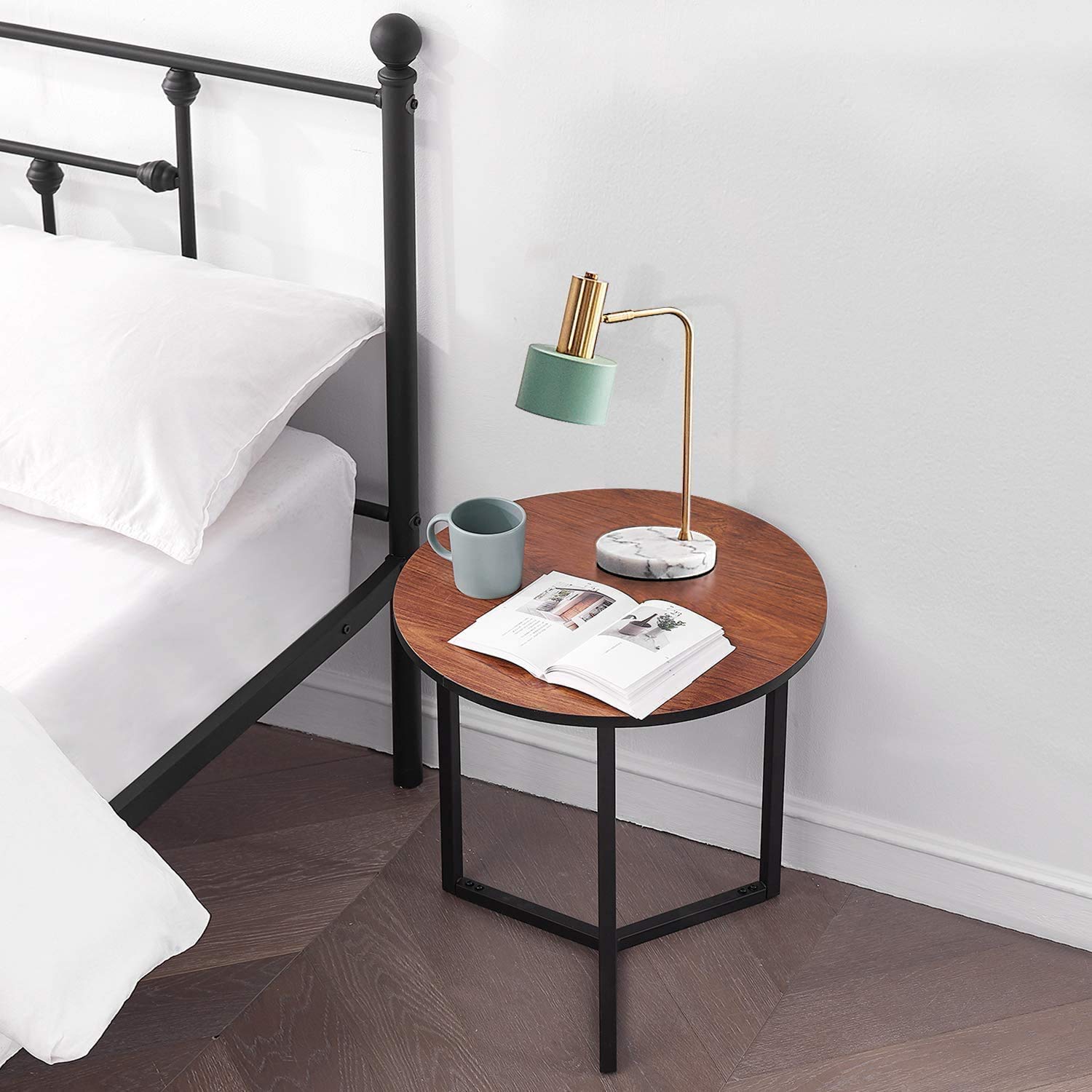 Top view of MetalX round side table in real room setting