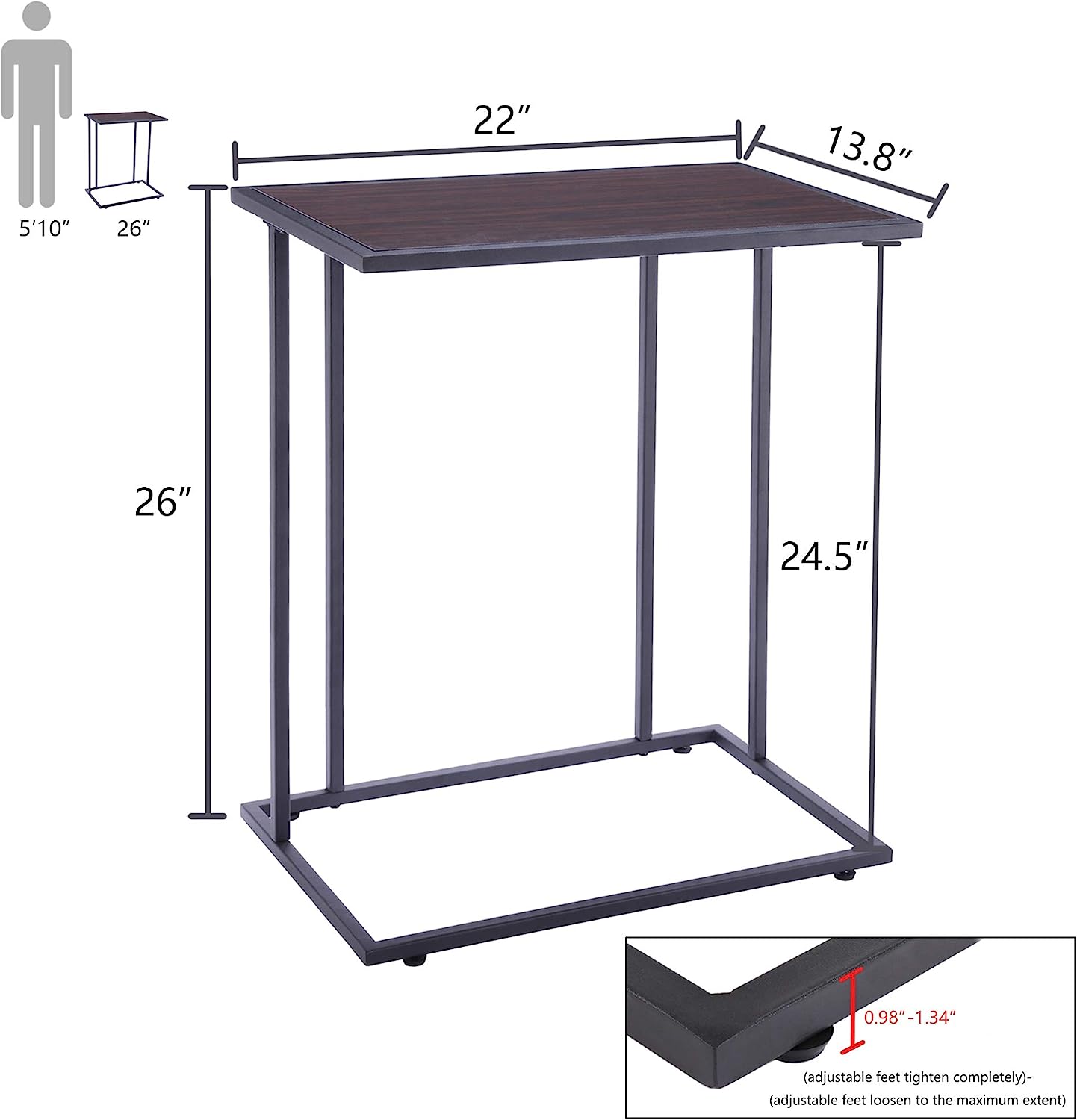Snack table with dimensions labeled, featuring wooden top and black steel base – MetalX