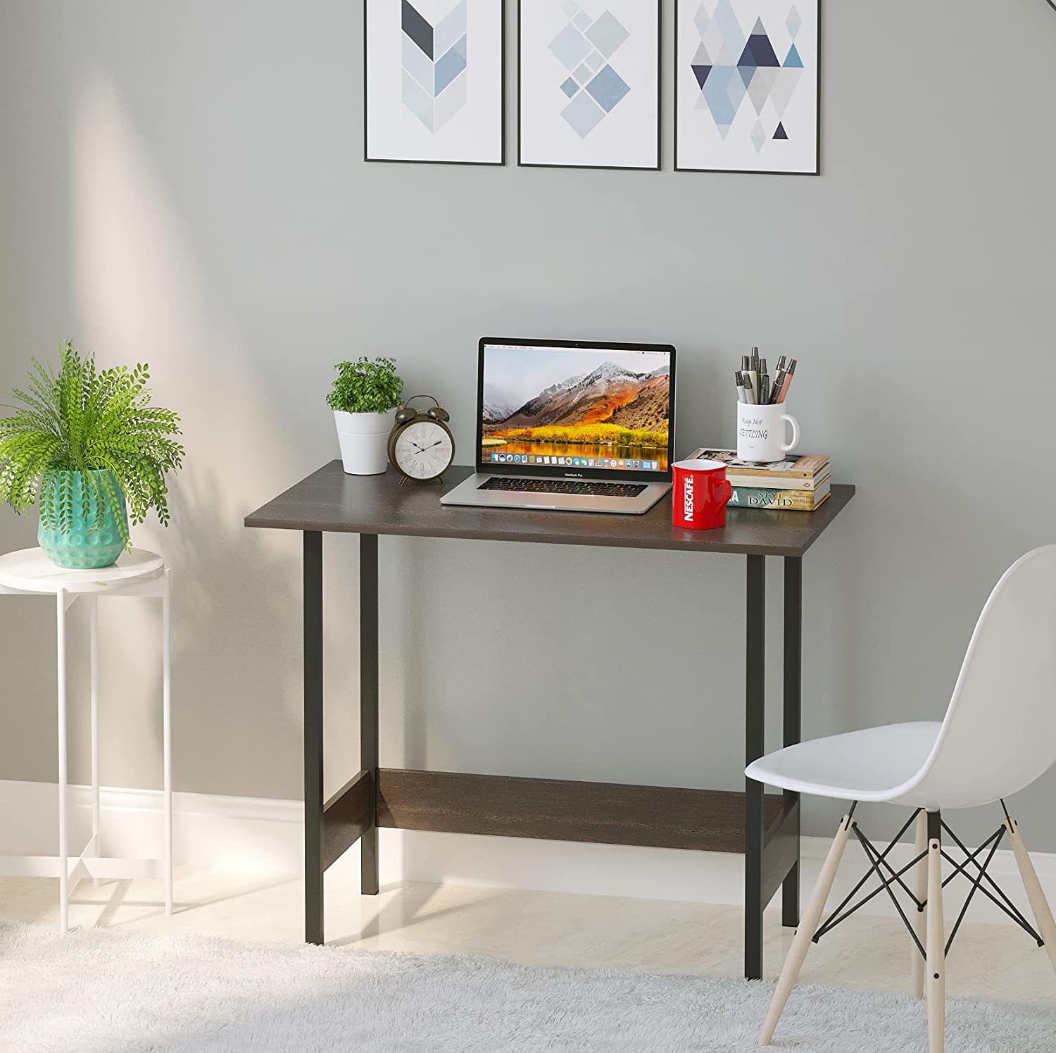 Wilton desk with brown wood top and black frame in real-world workspace – MetalX