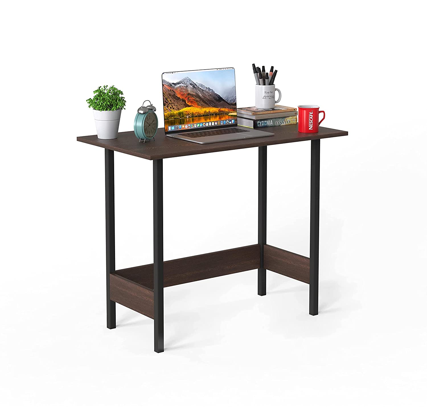 Brown-top Wilton desk with sleek black steel frame on white background – MetalX
