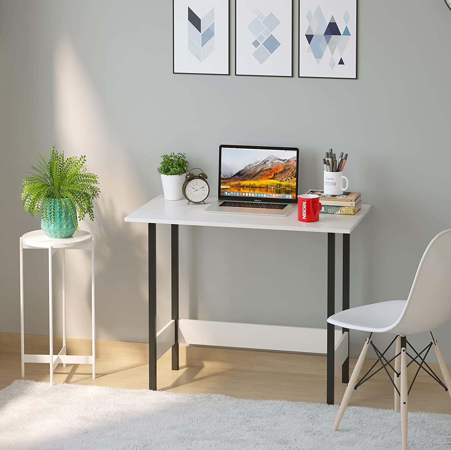 Wilton desk with white top and black frame in home office setup – MetalX