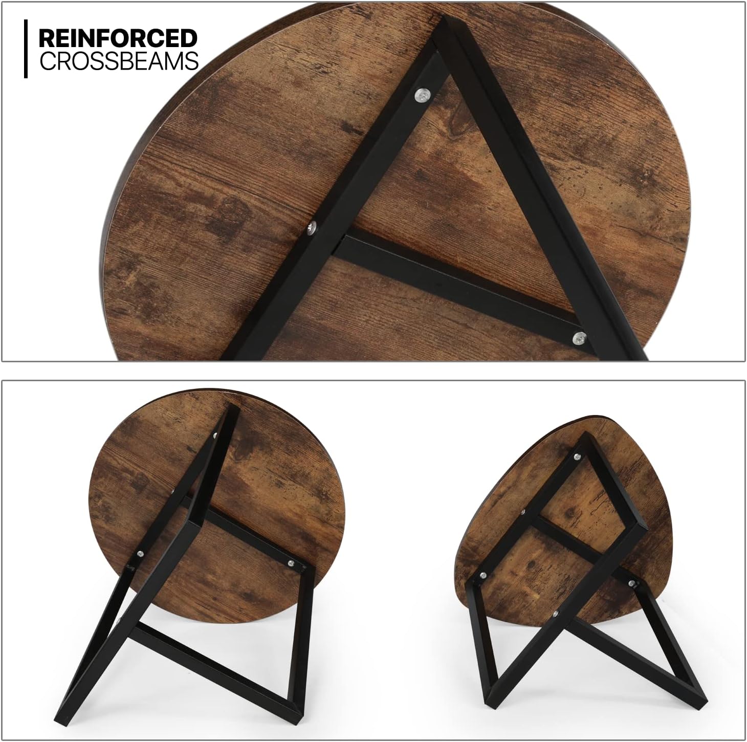 Close-up of screws and underside of minimalist coffee table on white background