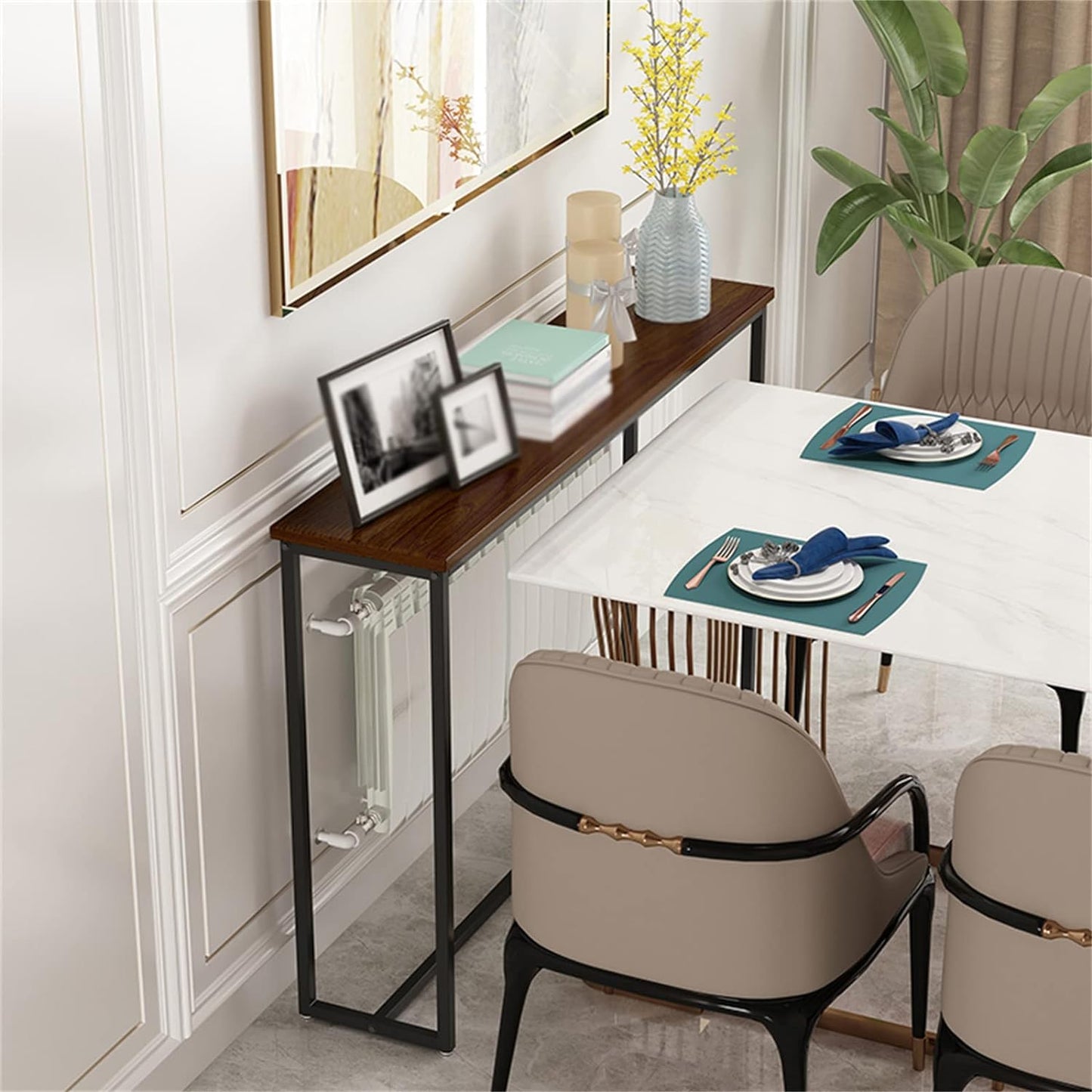 Side profile of narrow large console table placed against a wall