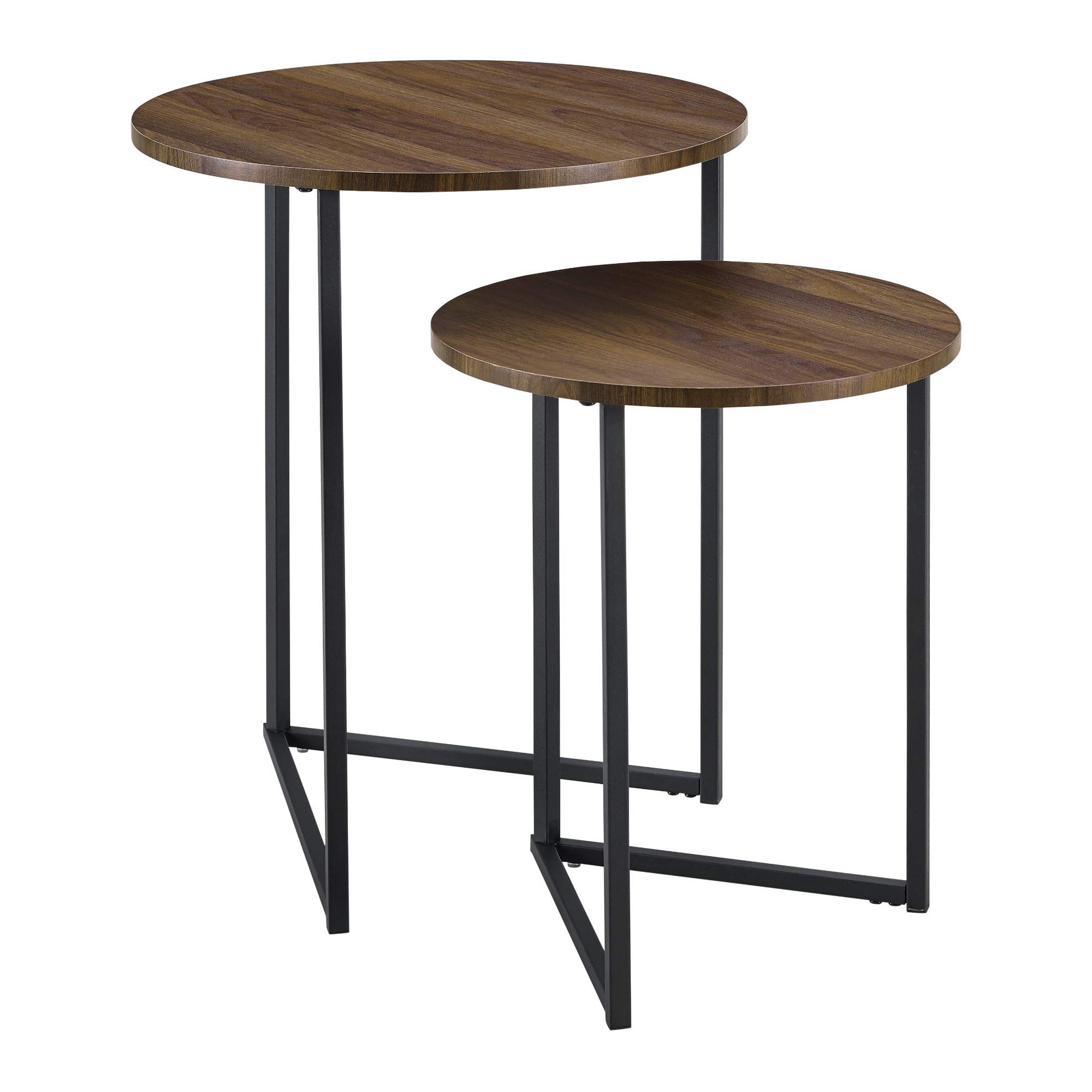 Contemporary nesting table with black frame and walnut wood finish top β stylish space-saving furniture β white background