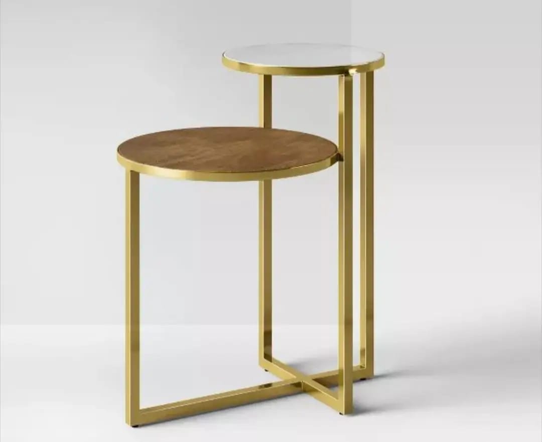 Gold premium coffee table with walnut top, front white background view