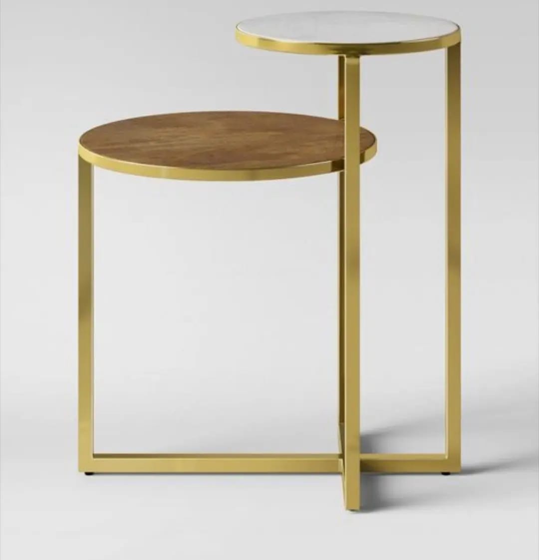 Gold premium coffee table with walnut top, side angle on white background