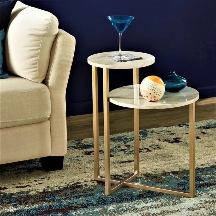 Premium coffee table with marble texture top, front view in real world setting