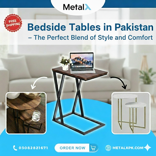 Modern bedside table in Pakistan with steel frame and marble top by MetalX – stylish bedroom furniture