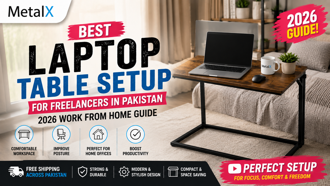 Freelancer using MetalX laptop table setup in a modern Pakistani home office