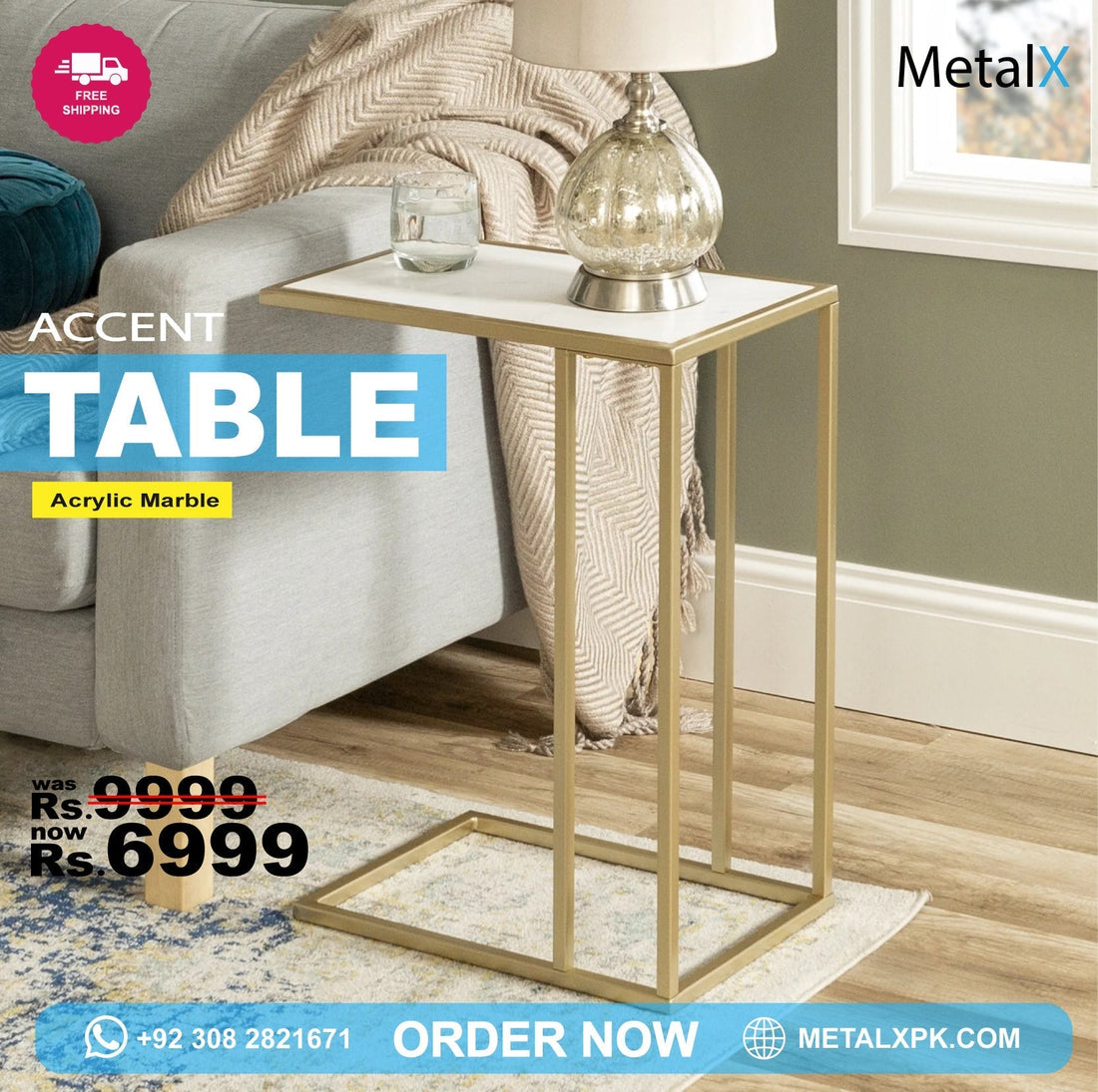 “MetalX Modern C-Shape Accent Table with gold frame and marble texture top on white background”