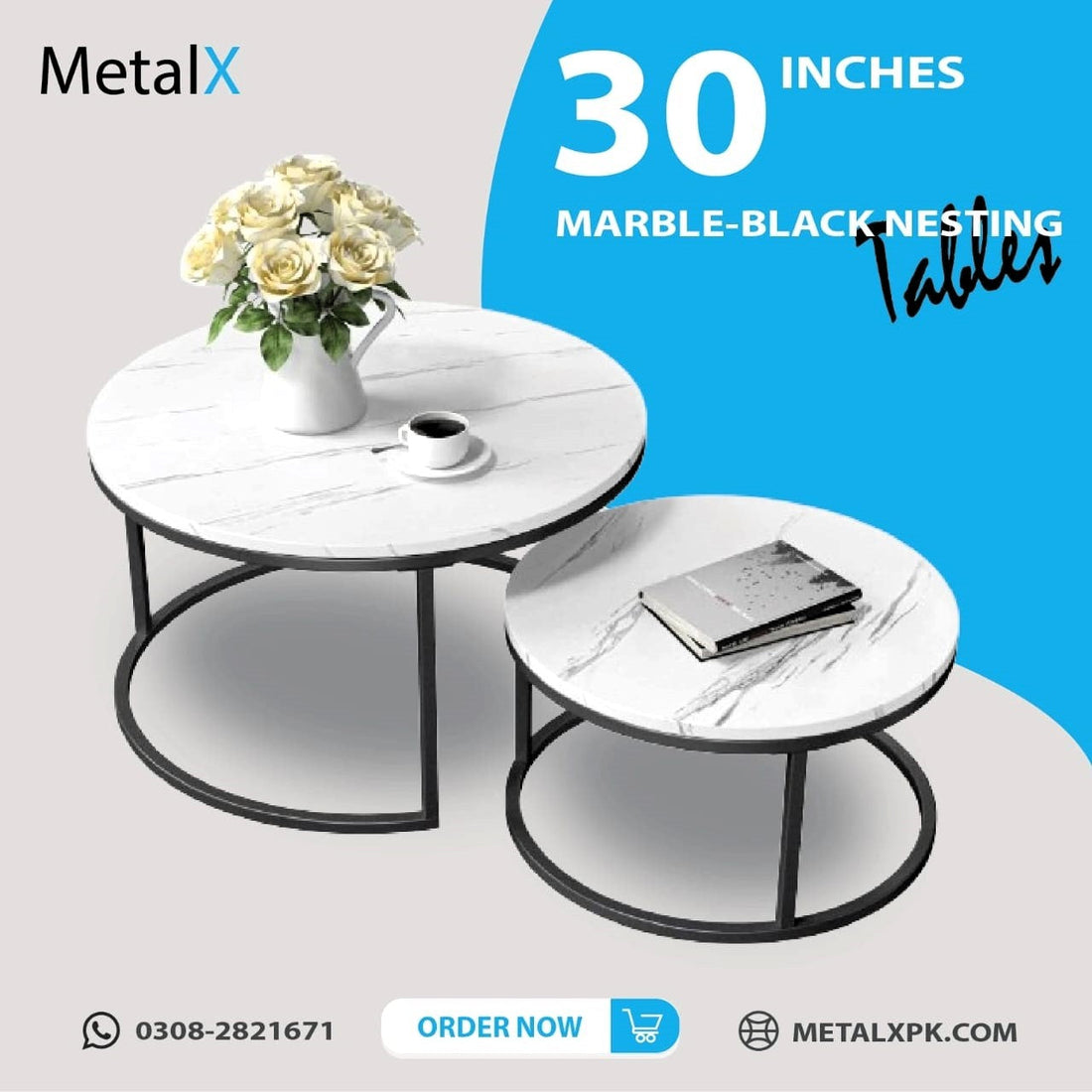 Modern center table design in a Pakistani living room with a black metal frame and marble top.