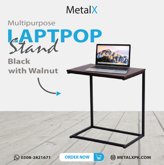 MetalX C-Shape Laptop Table (22x14x26 inches) — ergonomic sofa stand with walnut MDF top and black steel frame