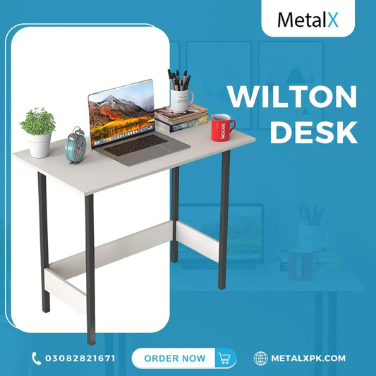 MetalX compact computer desk with vinyl caps in a small home office setup in Pakistan