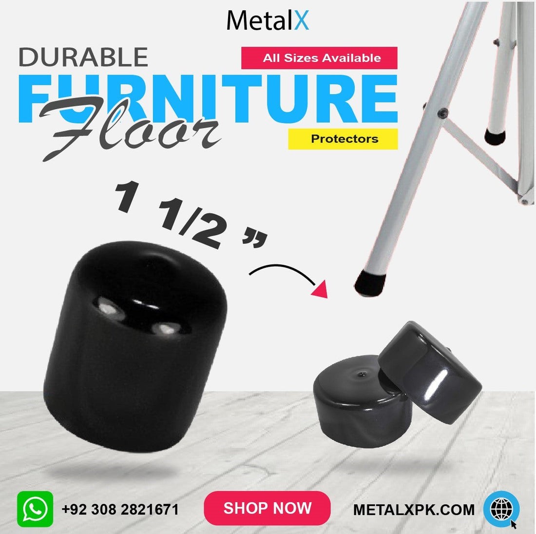 MetalX vinyl and rubber caps size guide in Pakistan showing inches and mm with furniture and industrial applications