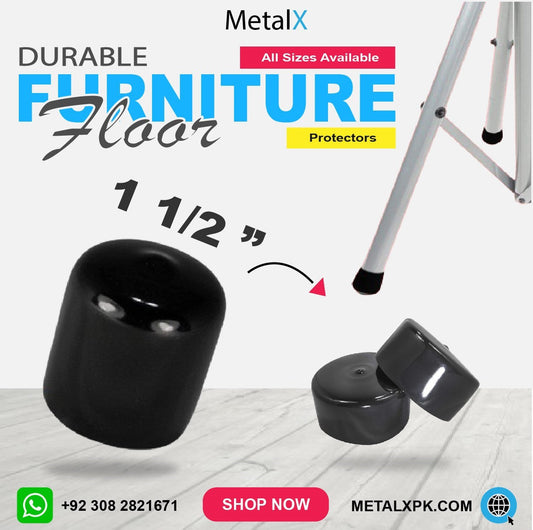 MetalX vinyl and rubber caps size guide in Pakistan showing inches and mm with furniture and industrial applications