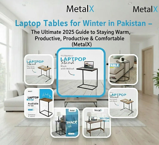Portable laptop tables for winter in Pakistan – MetalX sofa and bed-friendly laptop stand, perfect for warm, comfortable work from home.