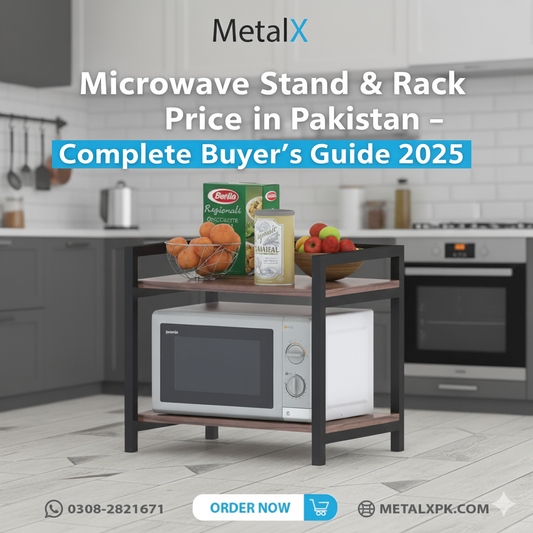 Microwave stand and rack in Pakistan made with durable 18-gauge steel and MDF, premium finish, long-lasting quality by MetalX.