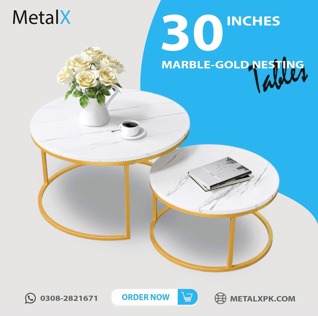 Modern nesting coffee table with white marble texture top and gold frame — ideal for Pakistani living rooms