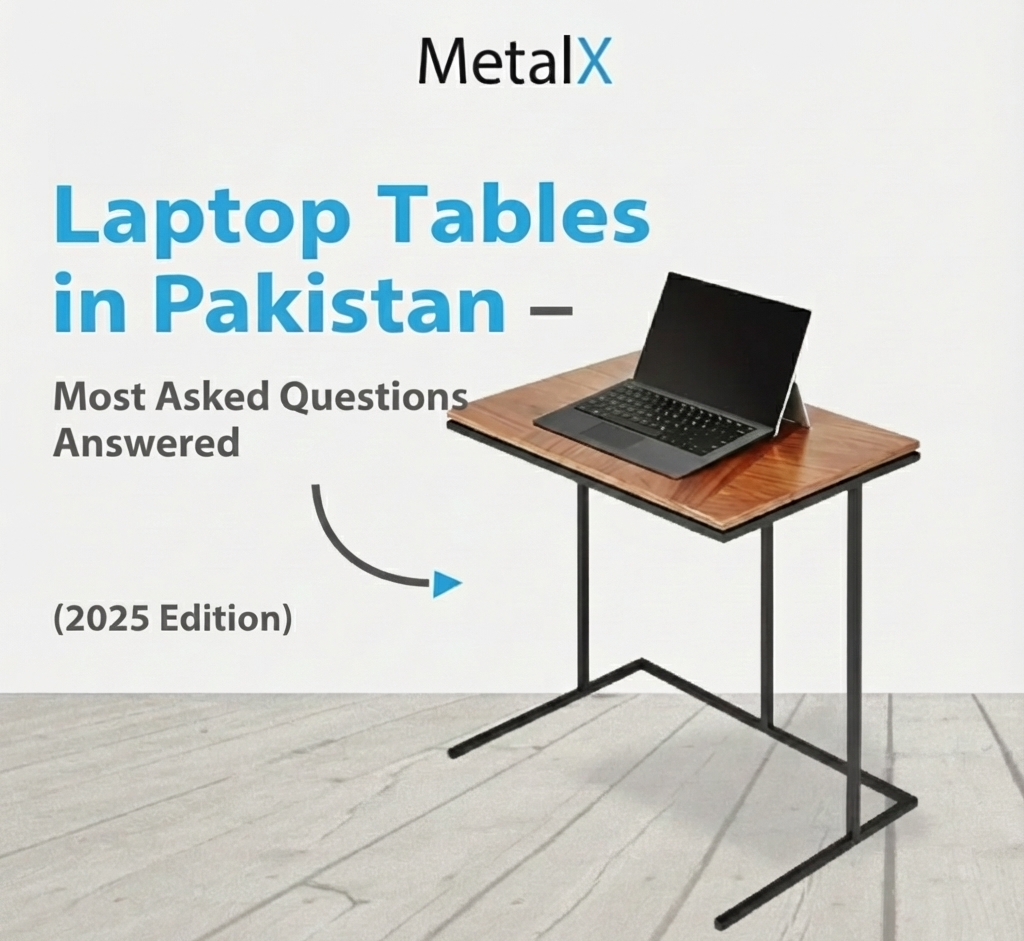 Portable MetalX laptop table placed beside a sofa, suitable for bed and work-from-home use in Pakistani homes