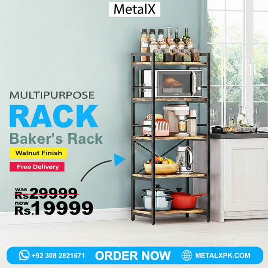 A black MetalX kitchen rack supporting an oven and air fryer with zero structural fatigue.
