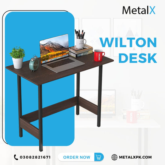 Minimalist Wilton desk with walnut top and black steel frame in a modern home office setting
