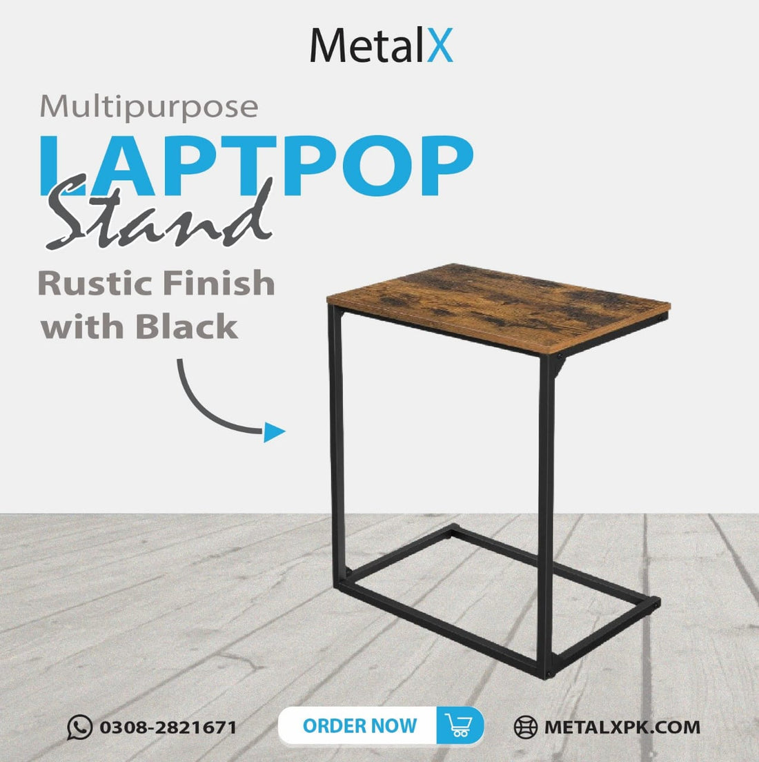 Wooden finish MDF laptop table with welded steel frame by MetalX Pakistan