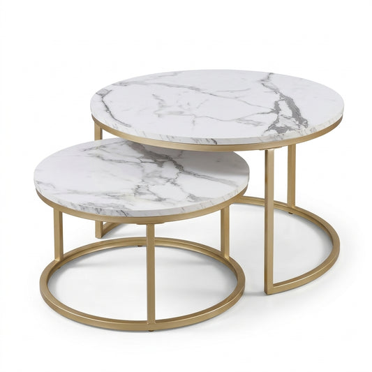Two round nesting tables with white marble-patterned tops and gold metal frames, shown on a clean white background.