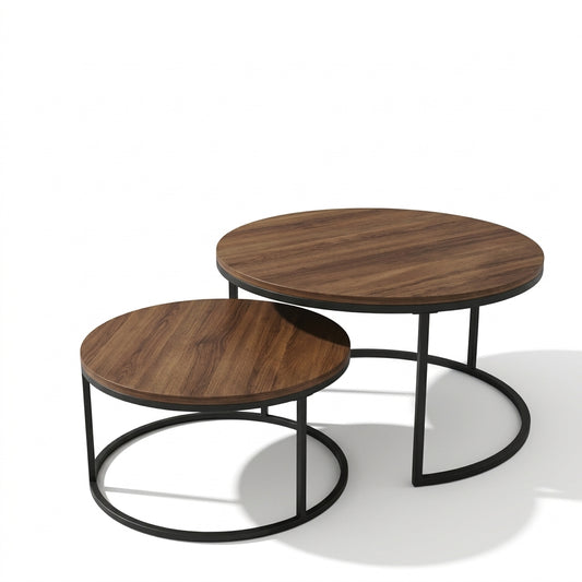 Two round nesting coffee tables with dark brown wood grain tops and black metal curved bases, shown on a clean white background.