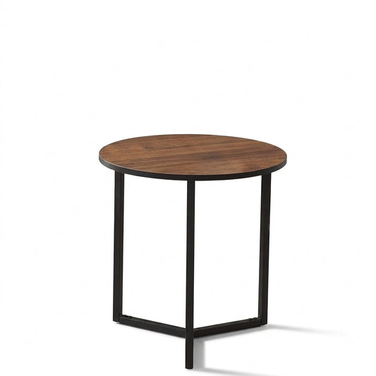 A round side table with a medium brown wood-grain top and a black metal frame base, shown on a plain white background.