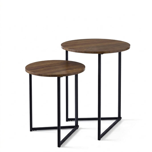 Two nested round nesting side tables with dark brown wood grain tops and black metal frame legs, shown on a plain white background.
