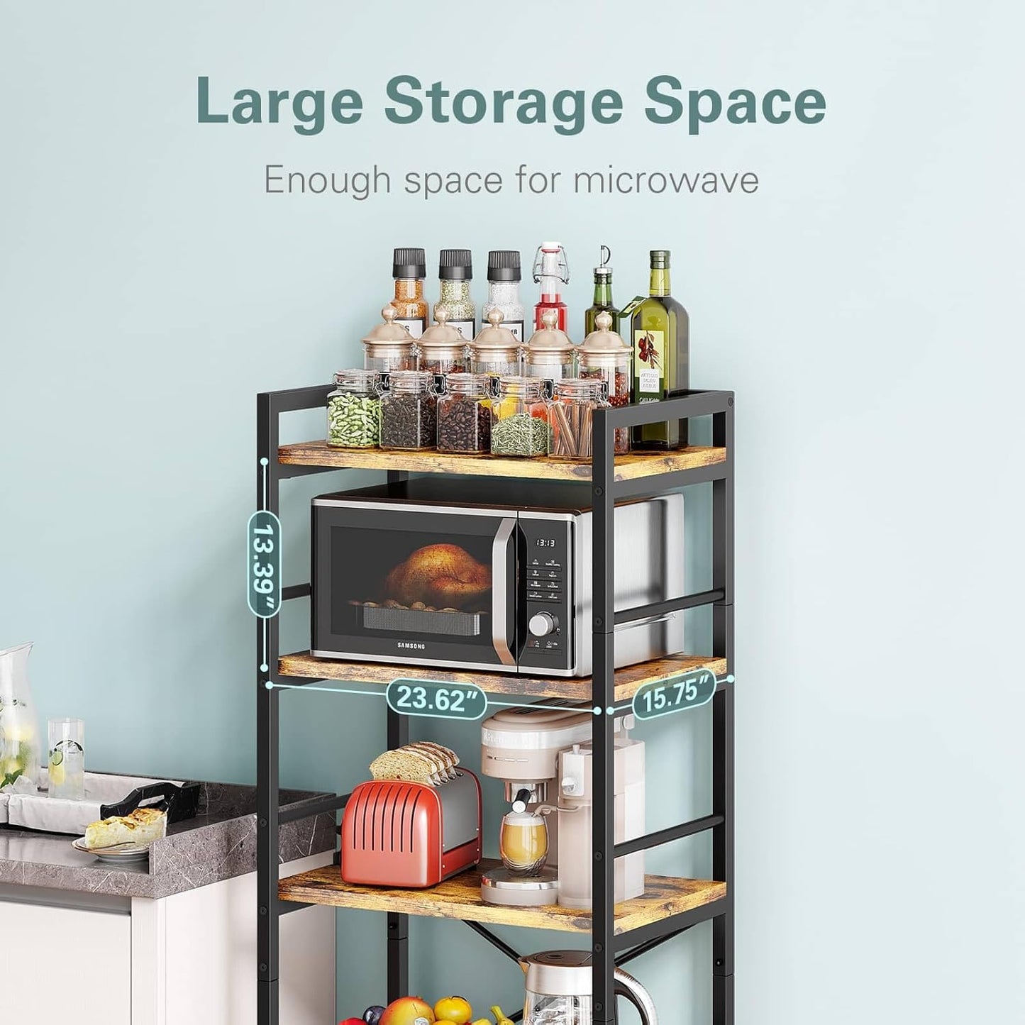 Kitchen storage shelf with microwave, appliances, and food items against a light blue wall.