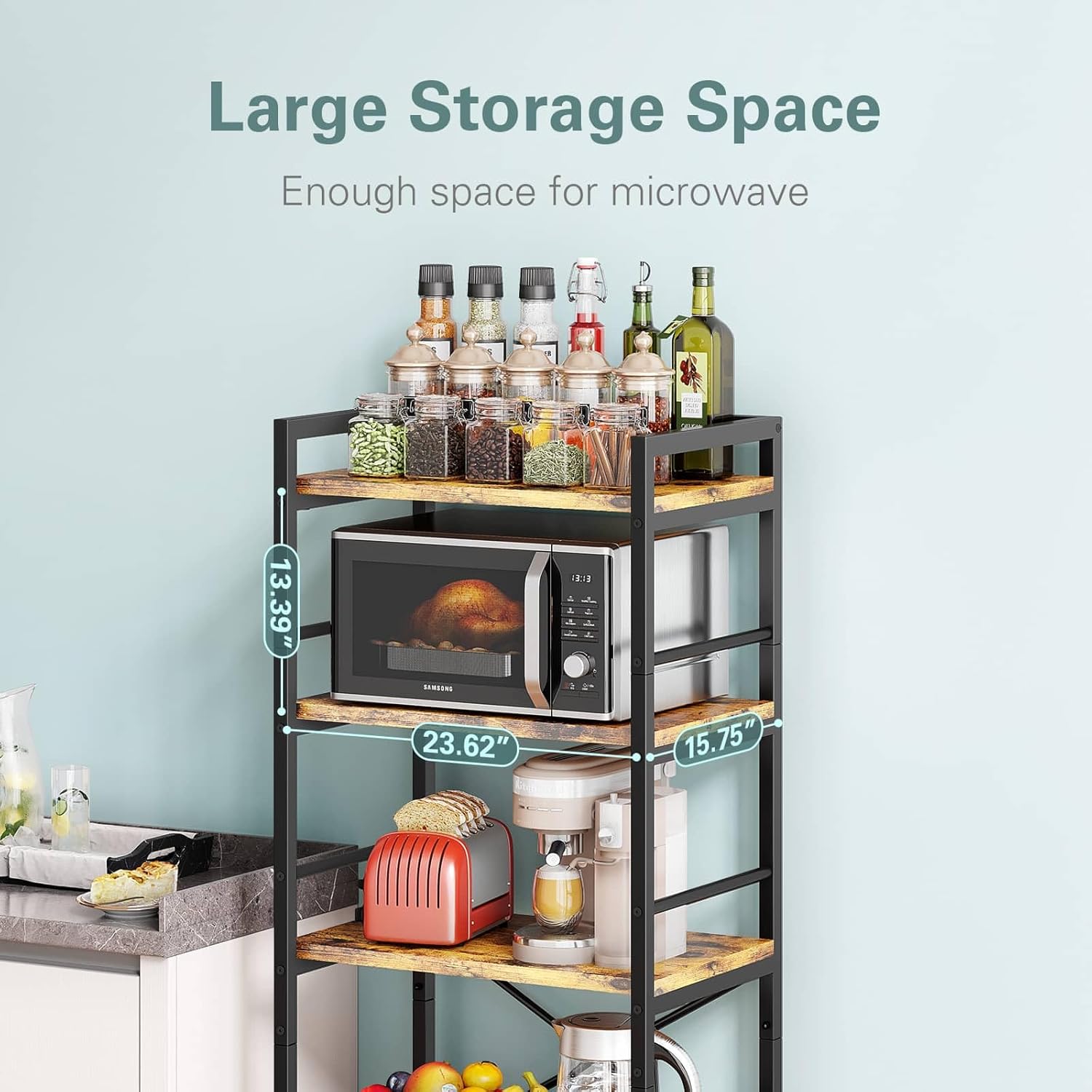 Kitchen storage shelf with microwave, appliances, and food items against a light blue wall.