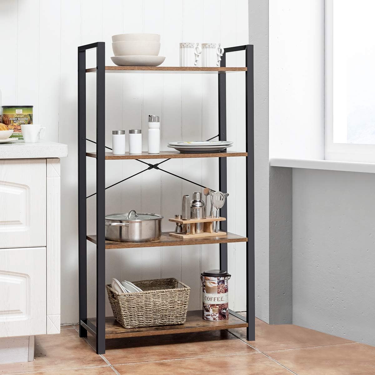 Side angle of metal book rack in actual use, filled with books and decor items