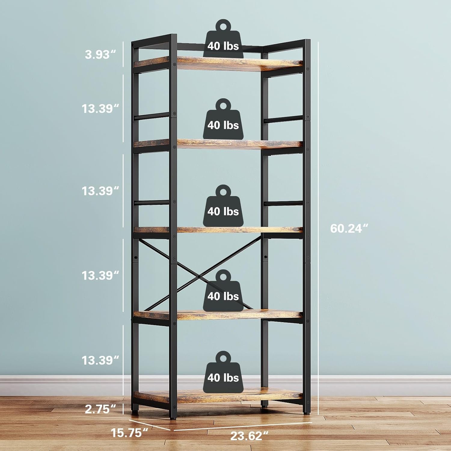 Shelving unit with dimensions labeled on a light blue wall.