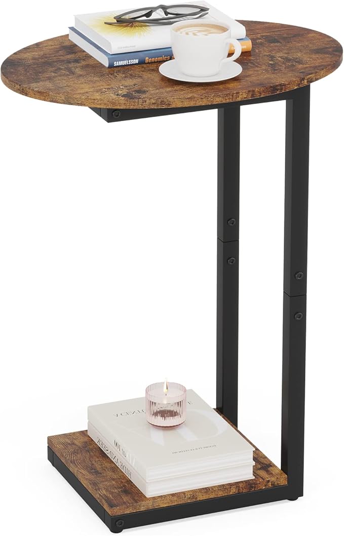 Small round wooden side table with black metal legs, featuring a cup of coffee and books on a white background.