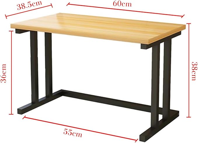 Wooden table with black metal legs and dimensions marked on a white background