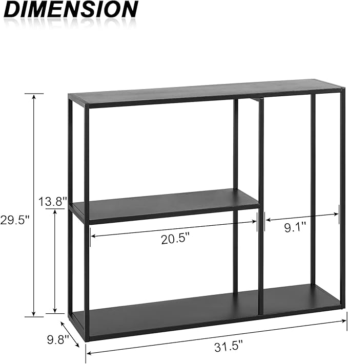 Black metal console table with dimensions labeled on a white background