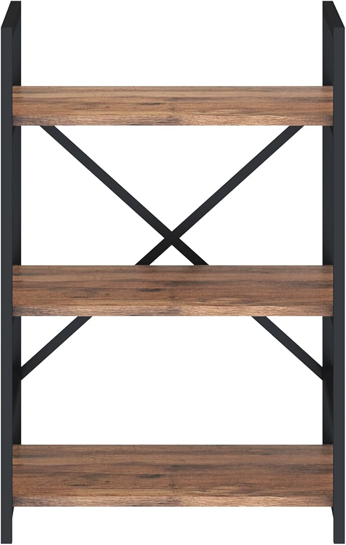 Bookshelf with wooden shelves and black metal frame on a white background