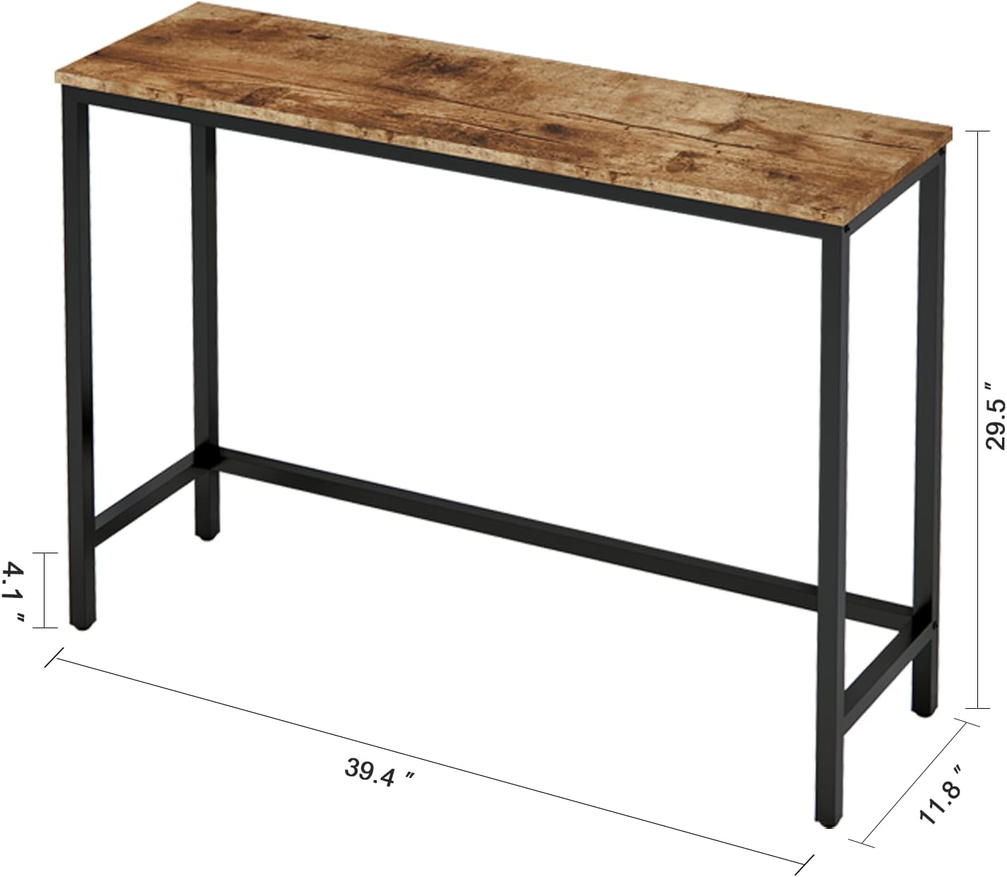 Wooden table with black metal legs and dimensions on a white background